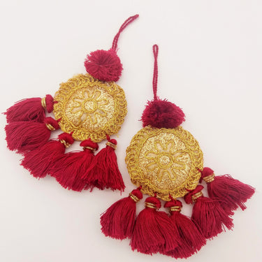 Set of 2 Embroidered Tassels, Maroon Red and Gold Tassels, Indian Tassels